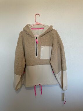 Med Couture Amp Beige Sherpa Half-Zip Hoodie with Pink Accents